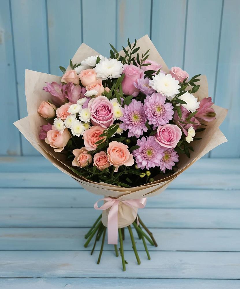 Букет цветов из: Хризантемы, Розы и Альстромерии в Слюдянке