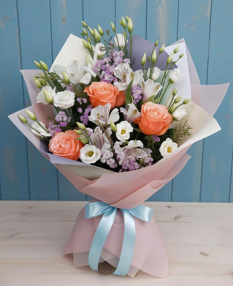 Букет цветов из: Лизиантусы, Розы, Альстромерии и Гипсофила в Слюдянке