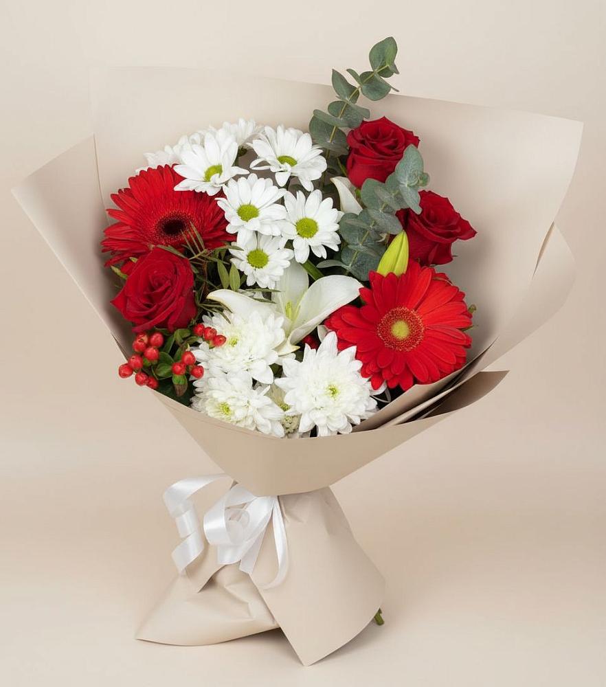 Букет цветов из: Розы, Хризантемы, Герберы и Лилии в Слюдянке