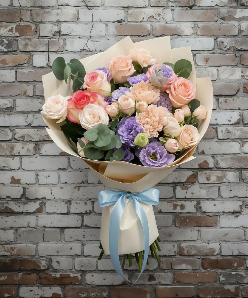 Букет цветов из: Розы, Лизиантусы и Гвоздики в Слюдянке