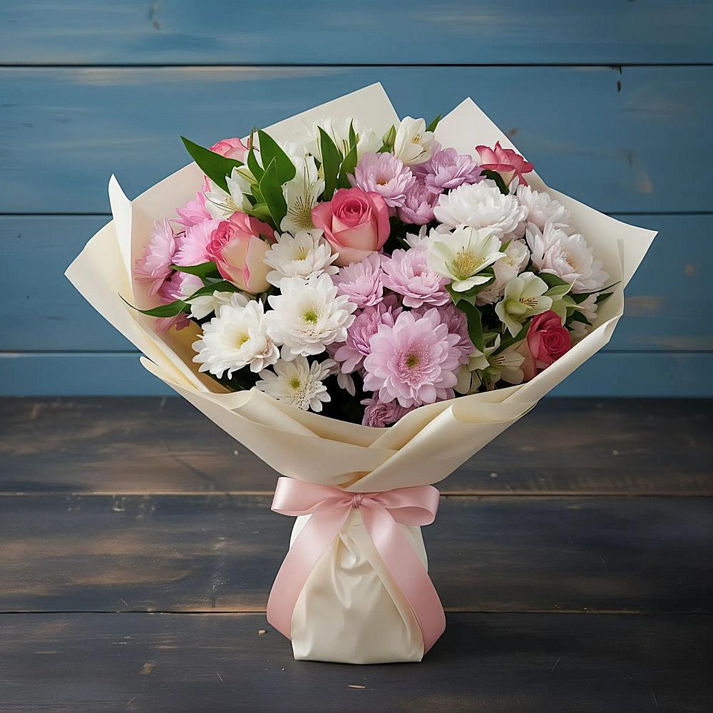 Букет цветов из: Хризантемы, Альстромерии и Розы в Слюдянке